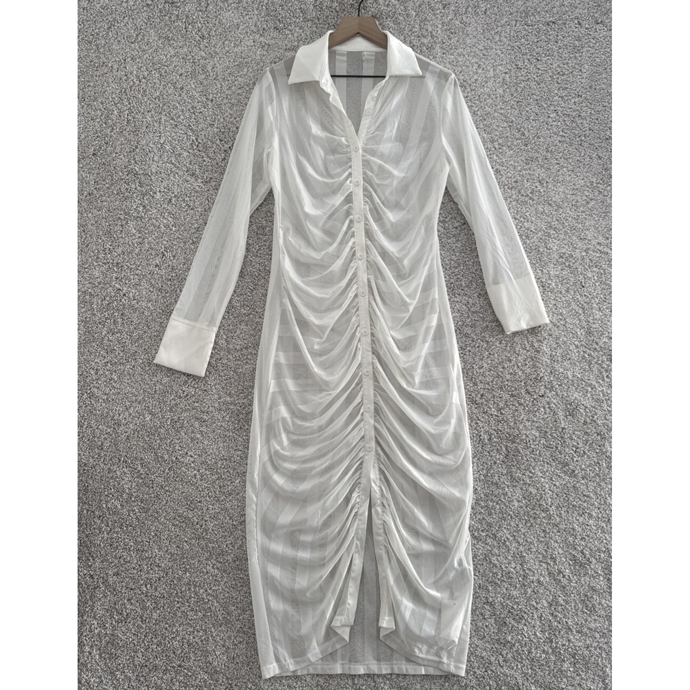 Loragal White Womens Ruched XL Sheer Mesh Long Sleeve Collar Dress
